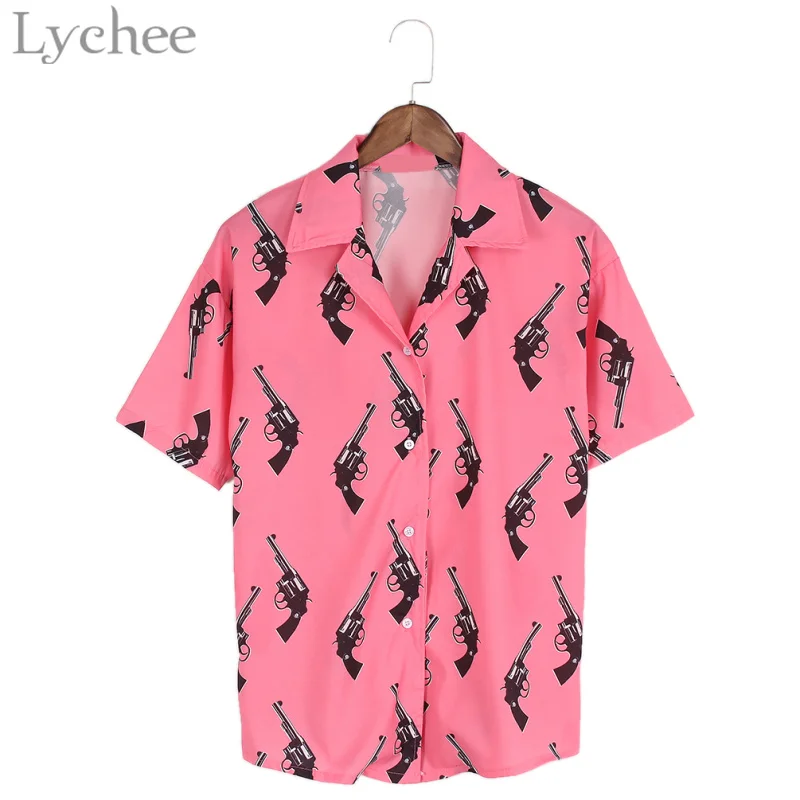 Lychee Harajuku панк Летняя женская блузка с принтом пистолета Повседневная Свободная рубашка с коротким рукавом топы - Цвет: Pink