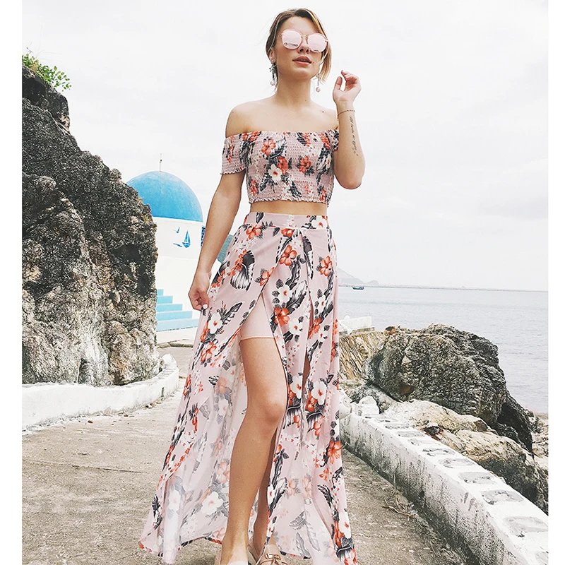 XX Стиль Бохо длинное платье с открытыми плечами летние пляжные цветочным принтом