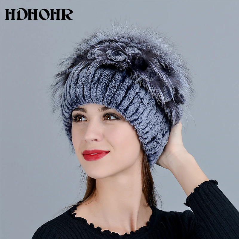HDHOHR Лидер продаж зима Настоящее меховая шапка Для женщин из натурального кроличьего меха шапка с Серебряными Лисий Мех вязаные шапочки модные женские туфли с мехом кепки