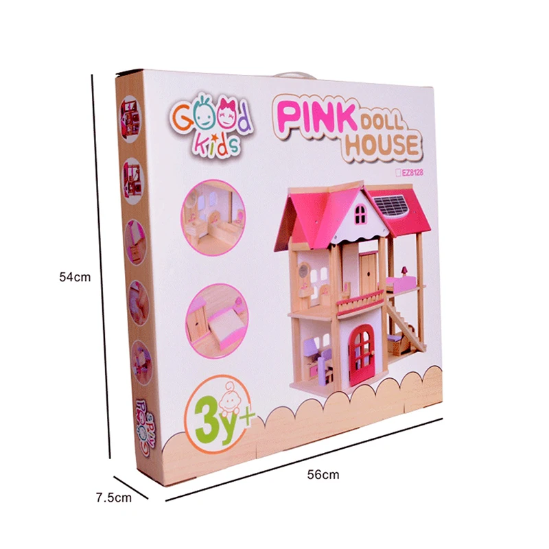 

55*37*52cm Kids Wooden Doll House Pretend Toy Wooden Doll Villa with Doll Furniture for Girls Birthday Present