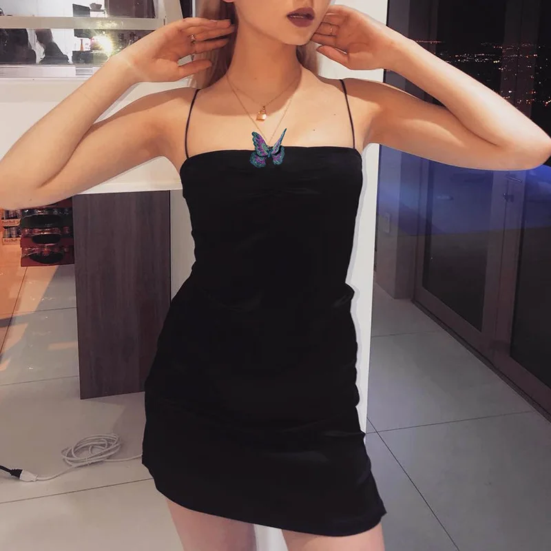 Уличная одежда в стиле Харадзюку черное платье бабочка Клубное сексуальное мини