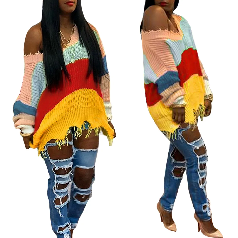 Women Ripped Hole Denim Jeans Plus Size Straight Jean Femme