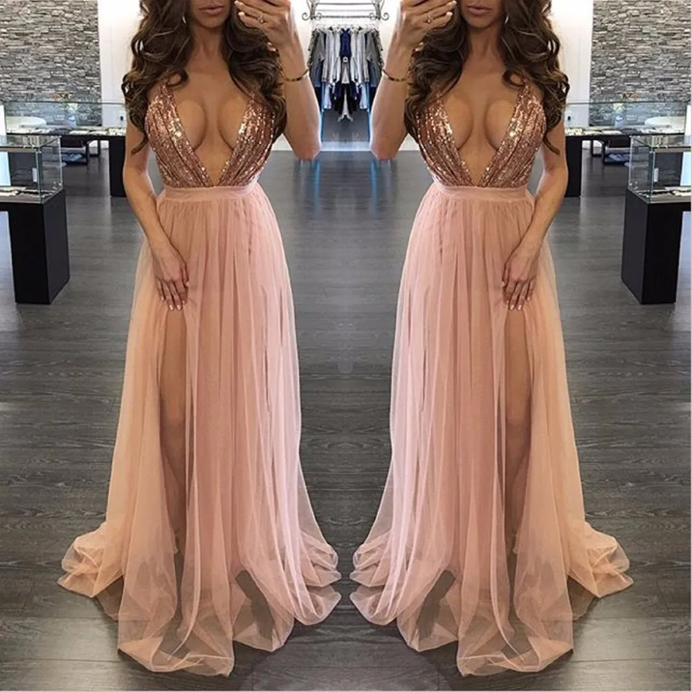 Женское шифоновое платье с глубоким вырезом длинное вечернее Клубное без спинки