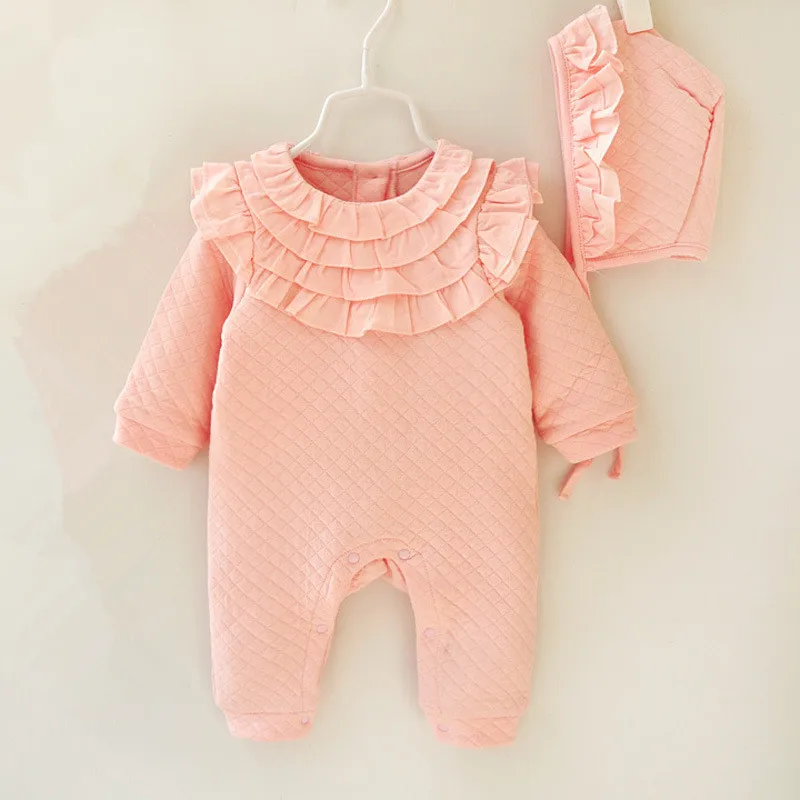 Pink Комбинезоны для новорожденных девочек, зимний утепленный хлопковый комбинезон с длинными рукавами+ шапка, комплект из 2 предметов, Bebe, комбинезон принцессы, одежда - Цвет: Pink