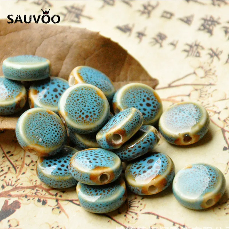 SAUVOO 30 шт./лот красочные круглые плоские керамические глазурные шармы бусины 14 мм