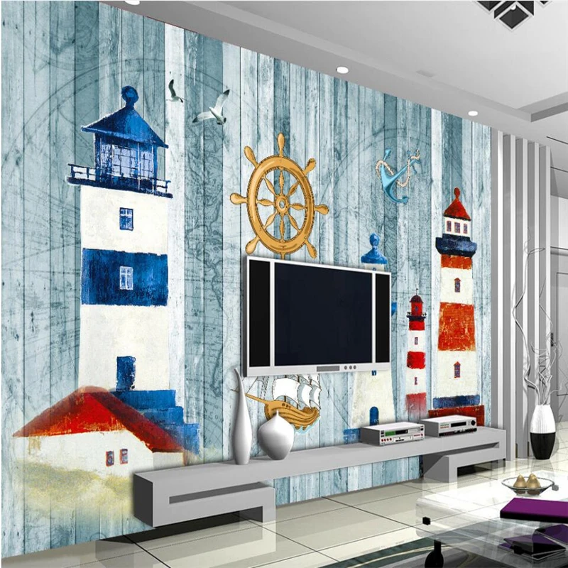 

beibehang Lighthouse Mediterranean Style Mural Background Wall Customized Large and Medium Mural Silk Wallpaper papel de parede
