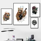 Мультяшный медведь, леопард, кошка, гитара, музыка, настенное искусство, холст, живопись, скандинавские постеры и принты фотографии животных на стену, декор детской комнаты