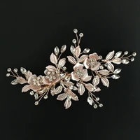 floralbride handmade rose gold color crystal pearl flower leaf wedding hair clip barrettes bridal headpieces hair accessories