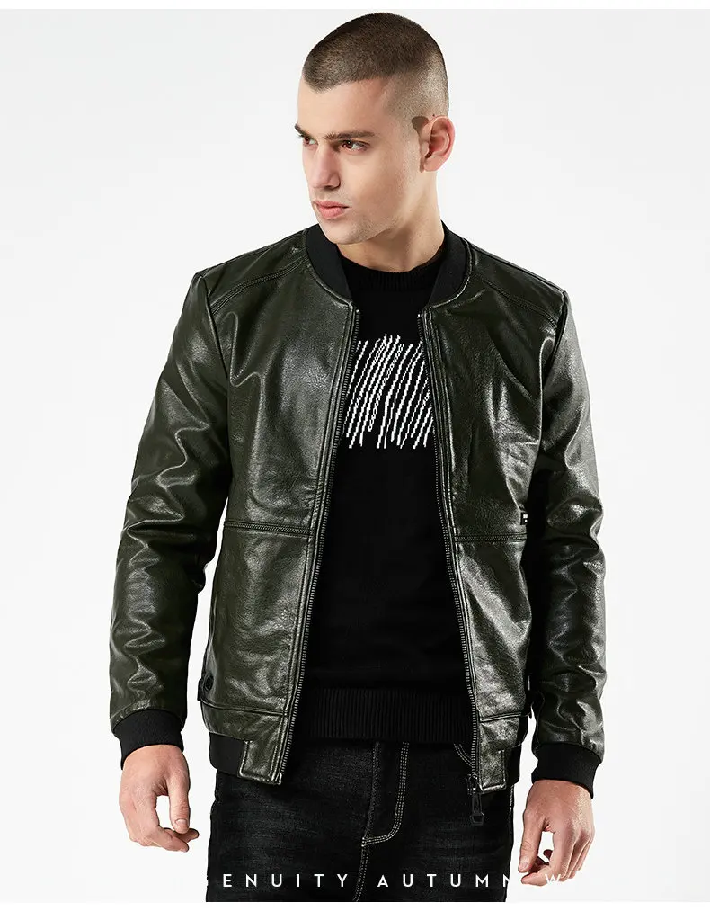 Прямая новая осенняя мужская кожаная куртка Slim Fit Стенд воротник Jaqueta Couro bomber Jacket Faux пальто из кожи и меха AXP196