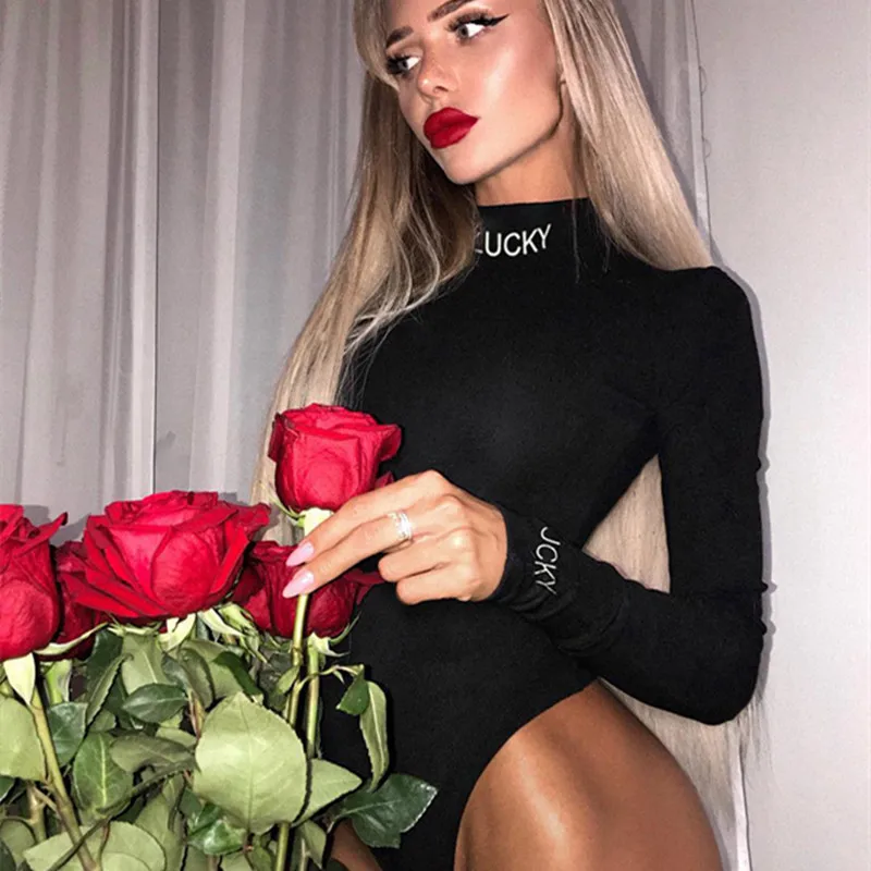 

Fashion Sexy Women LUCKY Letter Long Sleeved Bodysuits Casual Skinny Bodysuits Autumn Winter One Piece Body Bodysuits
