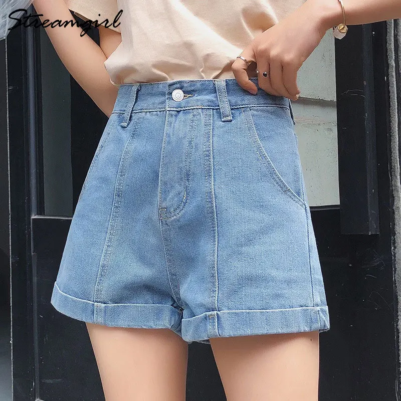 Light blue Черные джинсовые шорты, женские летние шорты с высокой талией из хлопка цвета хаки, женские джинсовые шорты, Классические шорты с широкими штанинами, джинсовые шорты, белые джинсы - Цвет: Light blue