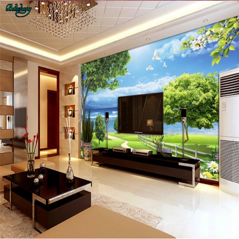 

beibehang Large - scale custom wallpaper landscape painting blue sky white trees trees and flowers landscape home decoration