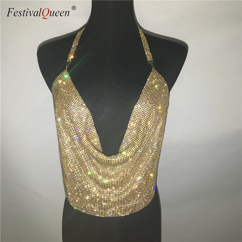 FestivalQueen женский сексуальный топ, стразы, глубокий v-образный вырез, блестящий, бриллиантовый, с блестками, на бретелях, открытая спина, Модный женский топ