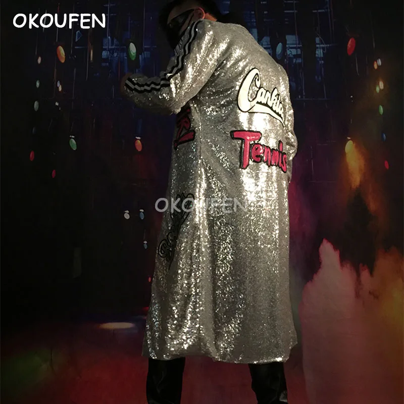 Длинное Мужское пальто с серебряными блестками одежда для вечевечерние шоу