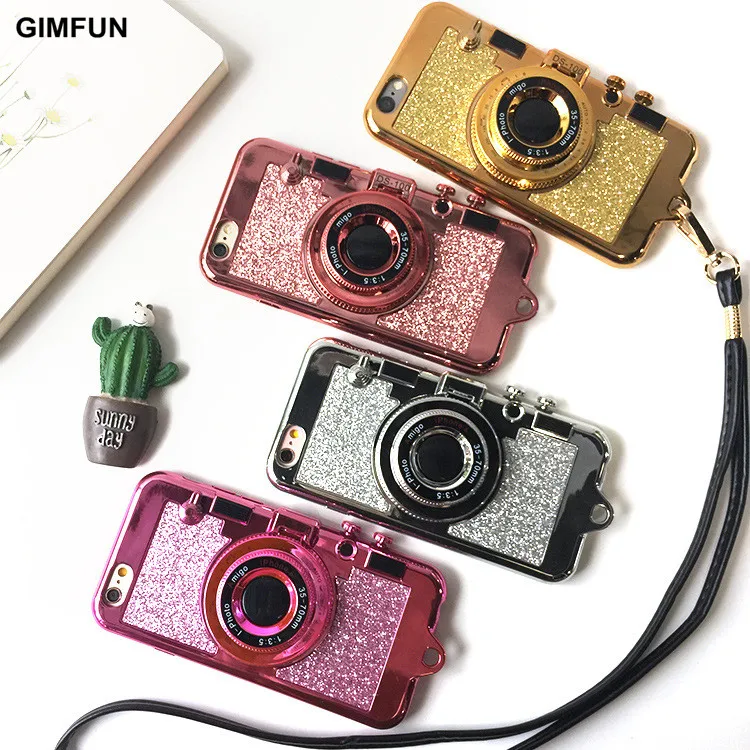 Ginfun Корея 3D милые Камера чехол для телефона для iPhone7 7plus 6 6s 6plus 6s плюс 5 5S Мягкий ТПУ чехол для задней крышки с ремень веревка 4 вида цветов