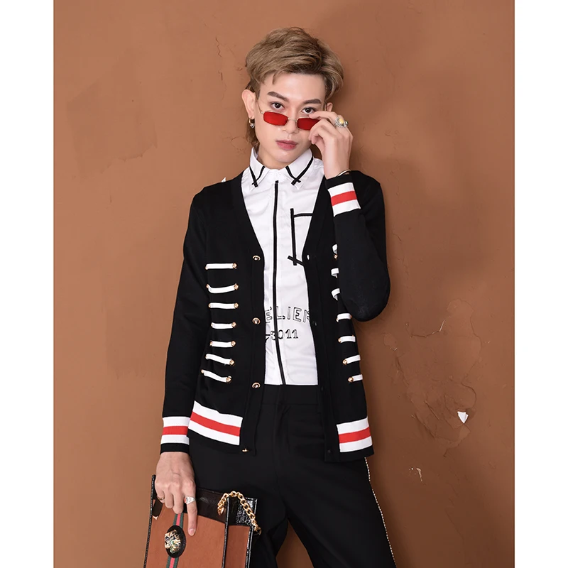 2019 Spring Autumn Unique Elegant Knitwear Sweaters men casual slim V-neck Cardigan for Plus size Stage costumes | Мужская одежда