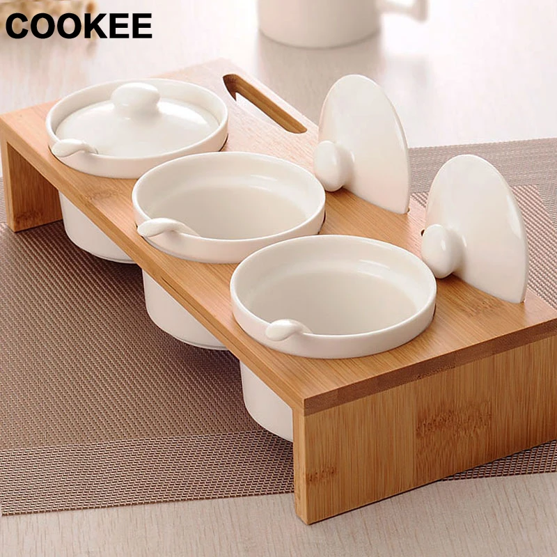 Приправы банки Керамика бамбука для кухни костюмы с ложка соуса блюдо специй