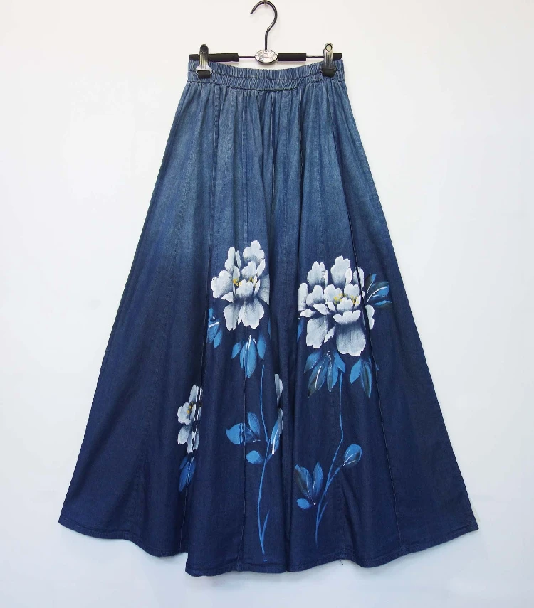 Женская джинсовая юбка-макси с цветочным принтом длинная трапециевидная юбка из
