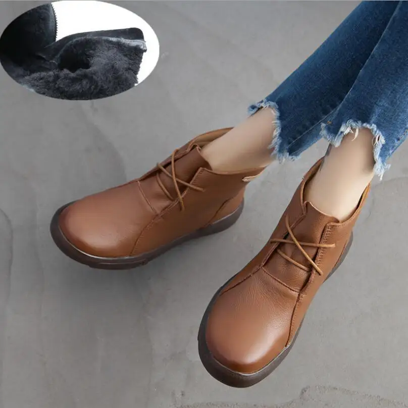 Brown short plush Зимние ботильоны женские ботинки из натуральной кожи модные ботинки Женская рабочая обувь женская обувь на шнуровке с круглым носком женские ботинки - Цвет: Brown short plush