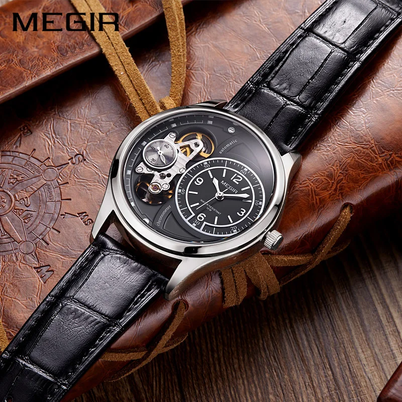 Мужские часы с кожаным ремешком MEGIR деловые кварцевые наручные розового золота