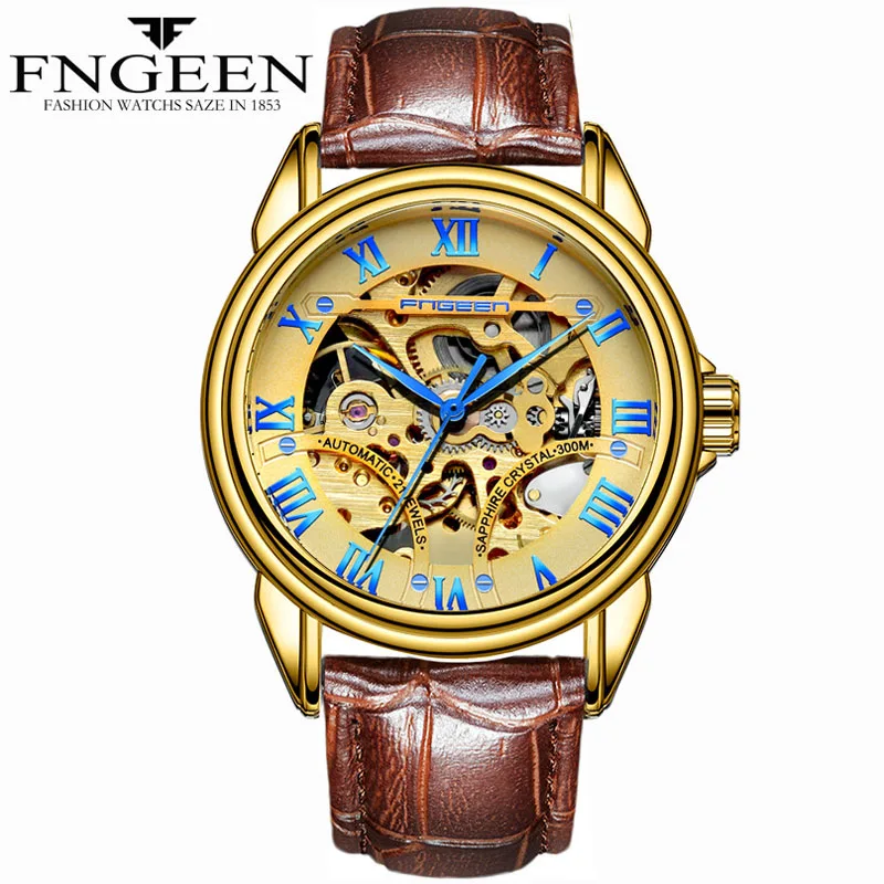 Leather Gold Gold Золотые часы для мужчин, Лидирующий бренд, высокое качество, водонепроницаемые стальные механические наручные часы, Tourbillon, скелет, Hodinky, мужские часы, Saat - Цвет: Leather Gold Gold