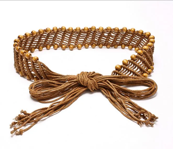 See Orange Vintage Wood Beads Belt Knitted Wide Belt Women Belt Dress Coat Cinturon Hombre Accessories SO4115