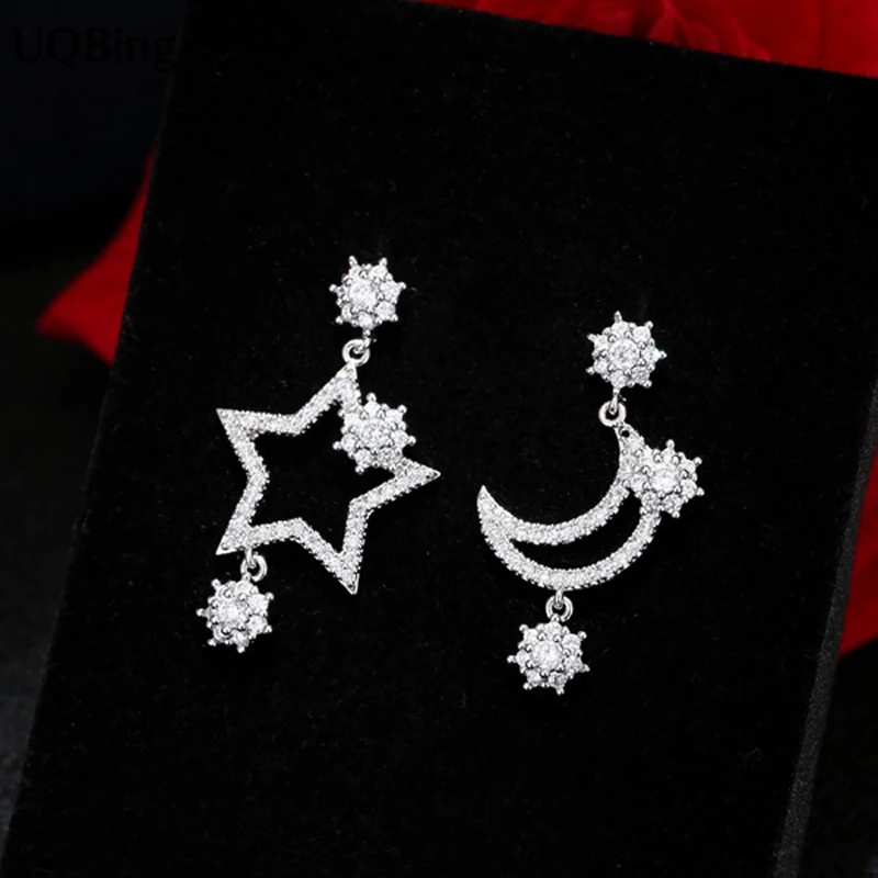 Хрустальные циркониевые серьги гвоздики с Луной и звездой модные из