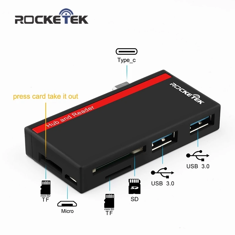 Rocketek type-c usb 3,0 2 порта концентратор otg Тип c Карта памяти Адаптер для SD/TF micro SD macbook/mac pro/mac air pc компьютер