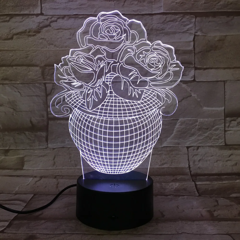 

Rose Flower Vase Shape 3D Light Vision USB Lampara Led Desk Lamp 7 Colors Change Sleep Night Light 3D-623