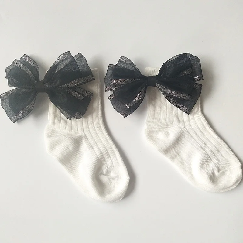 White Black Silk Bow Милые носки для маленьких девочек с бантиками; хлопковые носки до щиколотки для малышей; детские носки принцессы для девочек; детские носки - Цвет: White Black Silk Bow