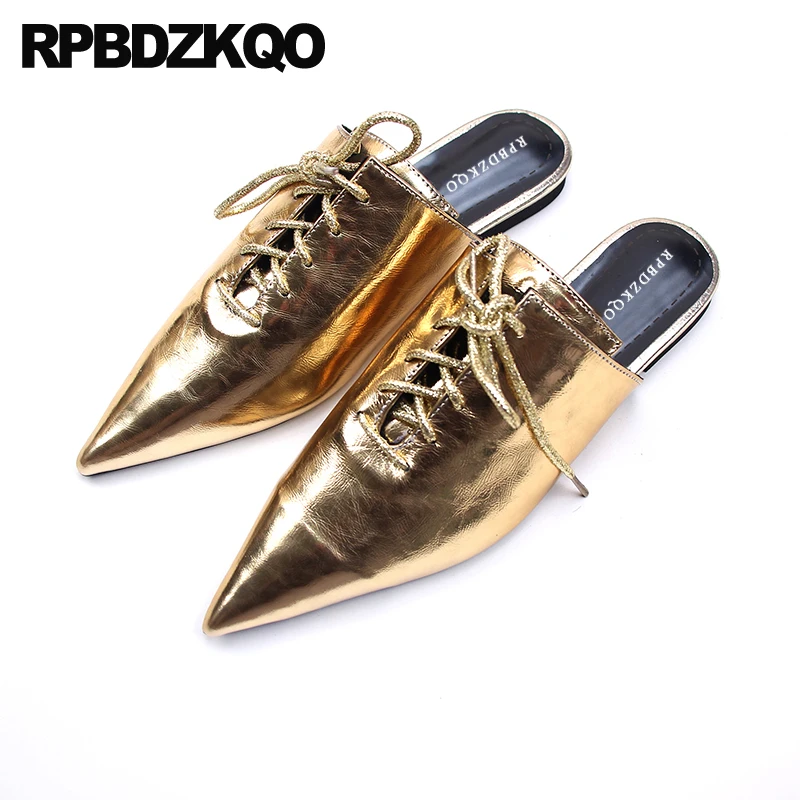 Мюли женские с острым носком натуральная кожа плоская подошва шнуровка тапочки