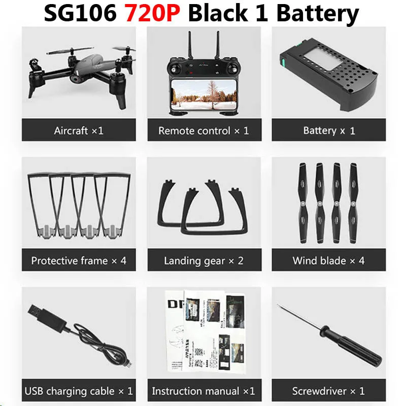 Black 720P 1Battery Дрон SG106 с двойной камерой 1080P 720P 4K WiFi FPV в режиме реального времени воздушная видео широкоугольный оптический поток RC Квадрокоптер вертолет игрушки - Цвет: Black 720P 1Battery