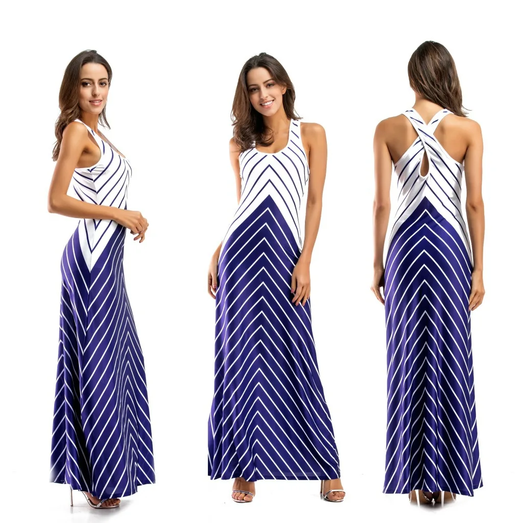 Europe Station 2019 New Sleeveless Striped Cross Vest Long Mopping Dress Female | Женская одежда