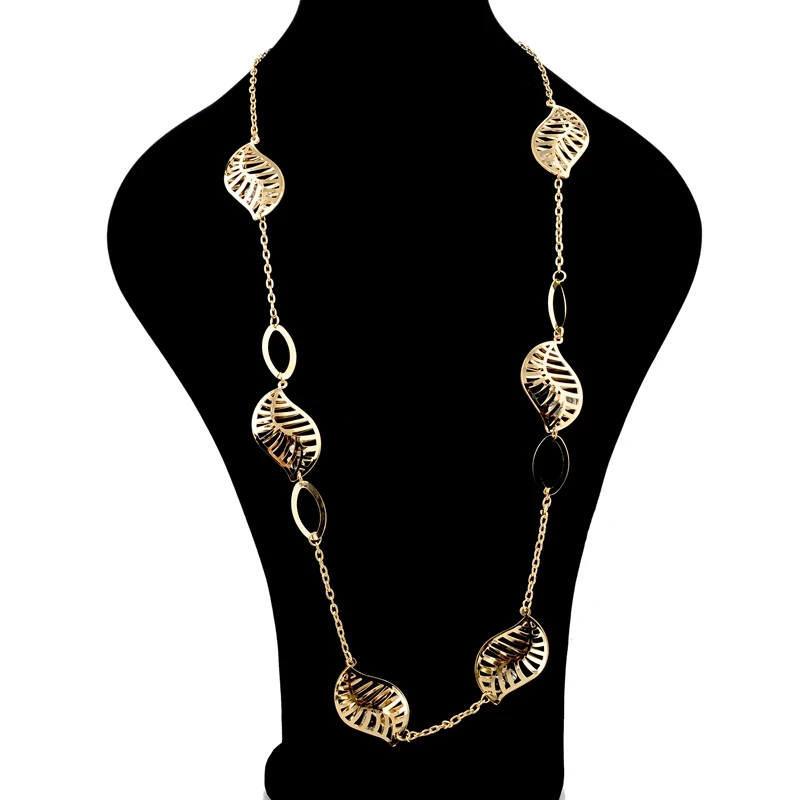 Длинное серебряное ювелирное изделие золотистого цвета цепочка с листьями