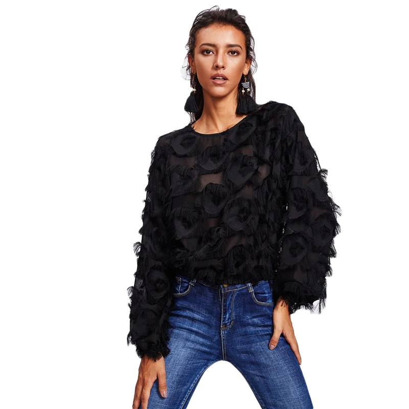 SHEIN, топ с бахромой, сетчатый топ, сексуальные осенние женские топы и блузки, черные, с длинным рукавом, круглый вырез, элегантные женские топы