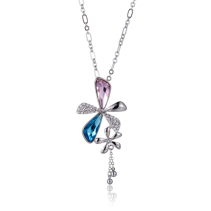 Pink and Blue SUKI кисточкой кулон цветочное ожерелье женский Клевер вечерние синий фиолетовый кристалл паве свитер звено цепи белого золота цвет ожерелье s - Окраска металла: Pink and Blue