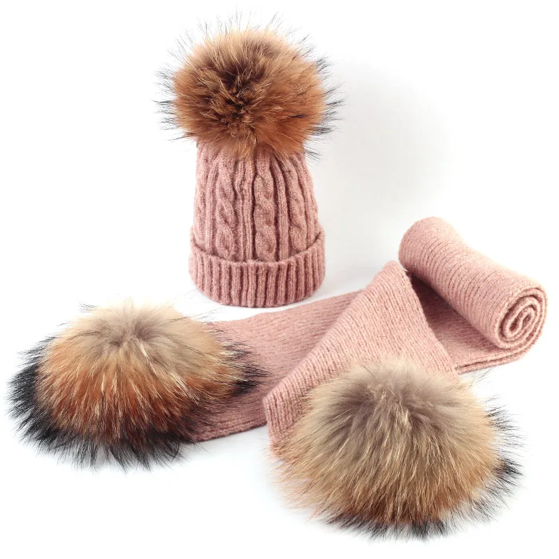 Pink A Geebro/комплект из 2 предметов для мальчиков и девочек, вязаная шапочка и шарф с двумя натуральными помпонами, детская громоздкая шапочка, шапки с меховыми помпонами - Цвет: Pink A