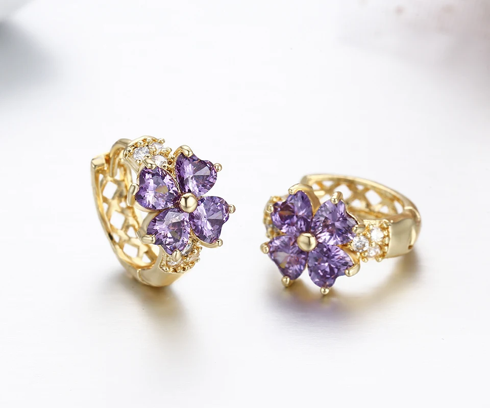 Серьги кольца с четырехлистным клевером и сердечком желтые золотые фиолетовые