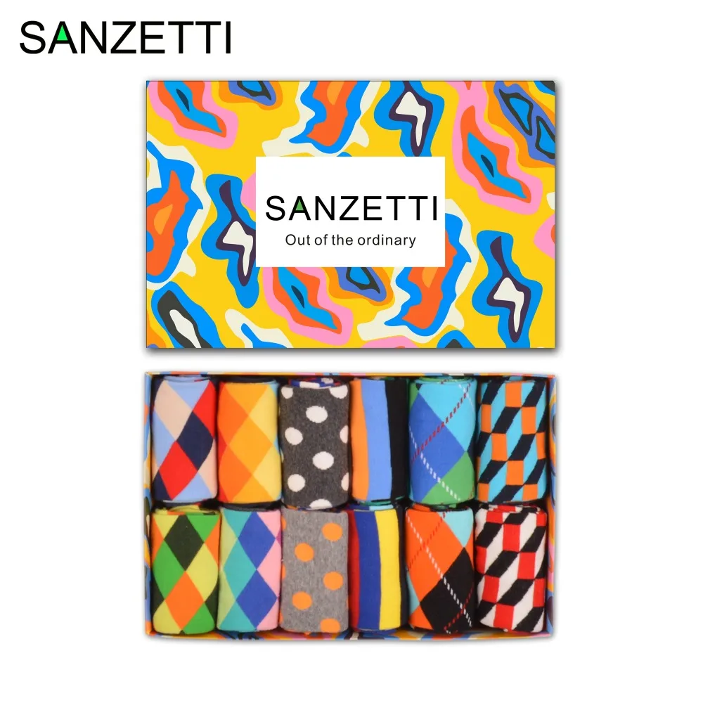 SANZETTI 12 пар/лот Подарочная коробка классические мужские хлопковые цветные