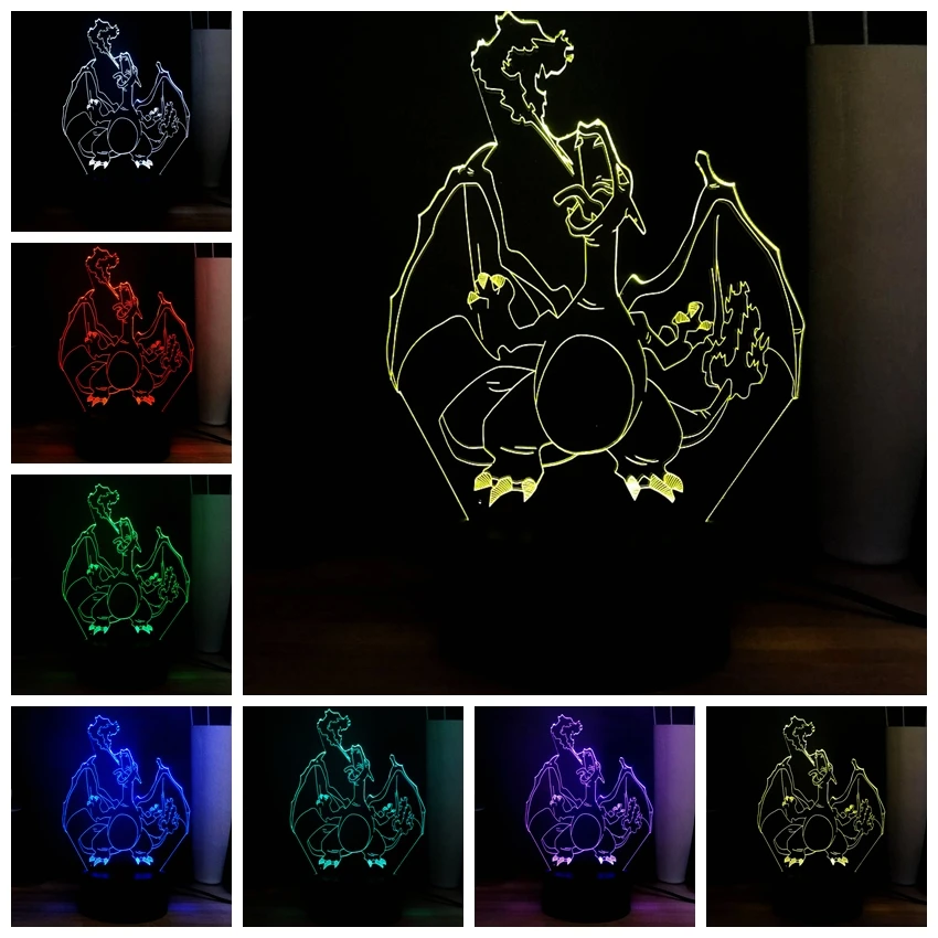 Cool Charizard RGB 7 цветов 3D иллюзия светодиодный ночник светильник Покемон USB
