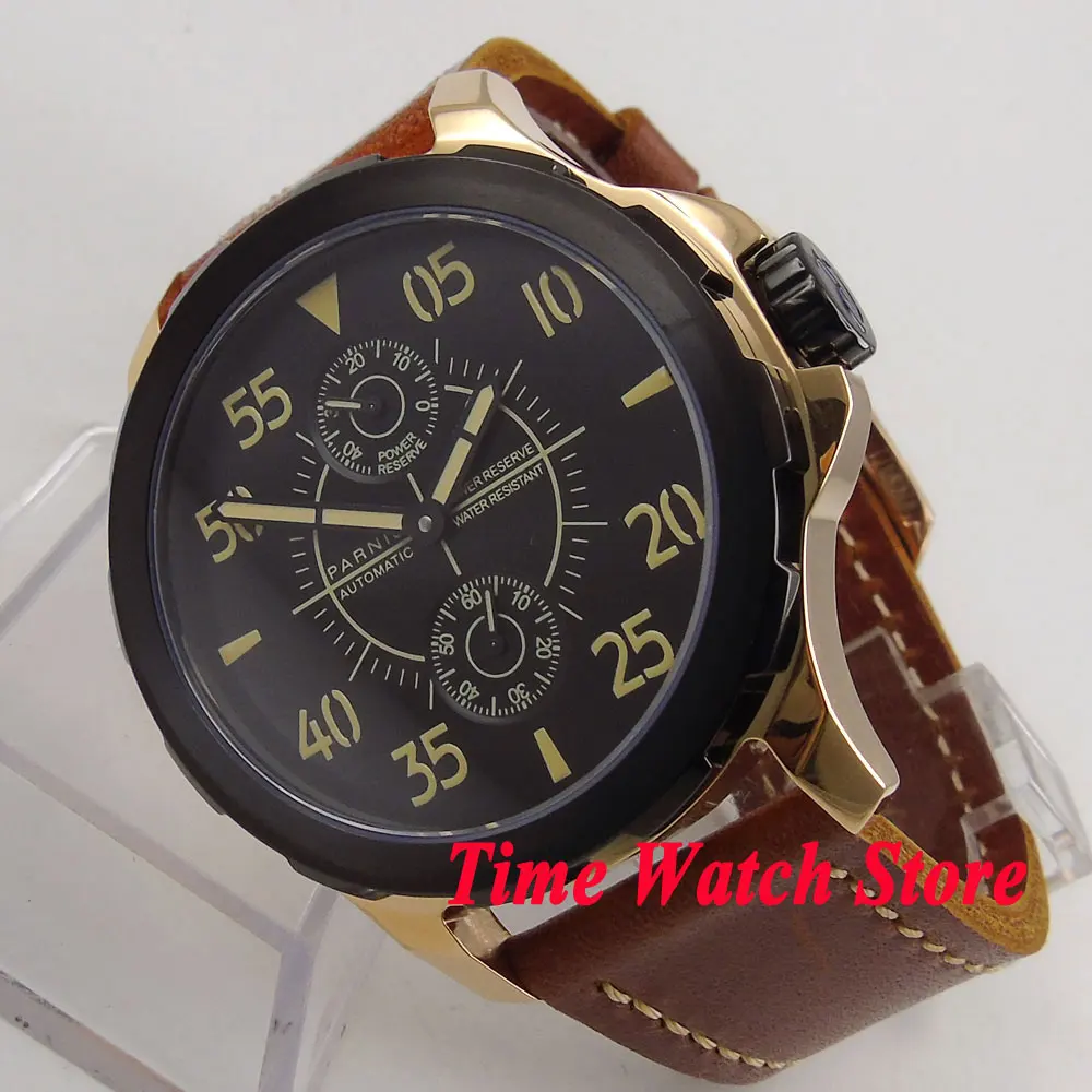 Мужские золотистые/черные наручные часы ST 2542 с зеркальным резервом заряда 44 мм