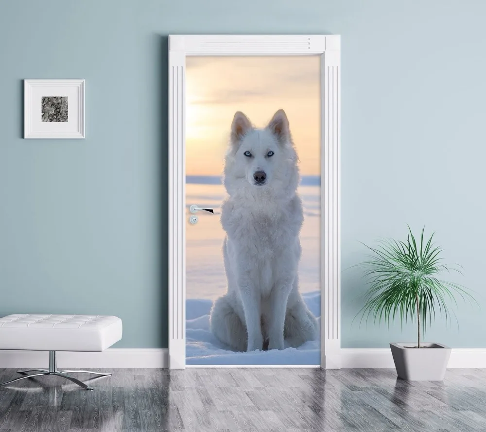3D фотообои на дверь волка сидя в снегу настенная печать наклейка стену