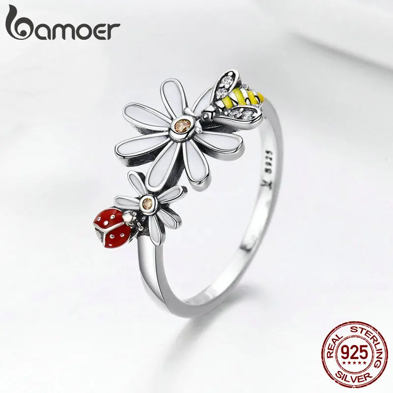 BAMOER, Настоящее серебро 925 пробы, Пчела и Божья коровка в цветнике, кольца на палец для женщин, ювелирные изделия из стерлингового серебра SCR311