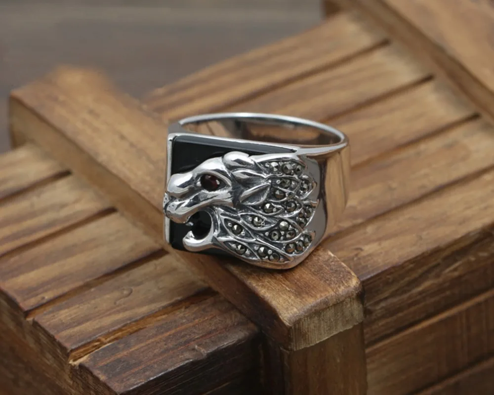

DL Pure silver inlay mark male money index finger ring S925 pure silver red-eye leopard rings The forward fashion J110