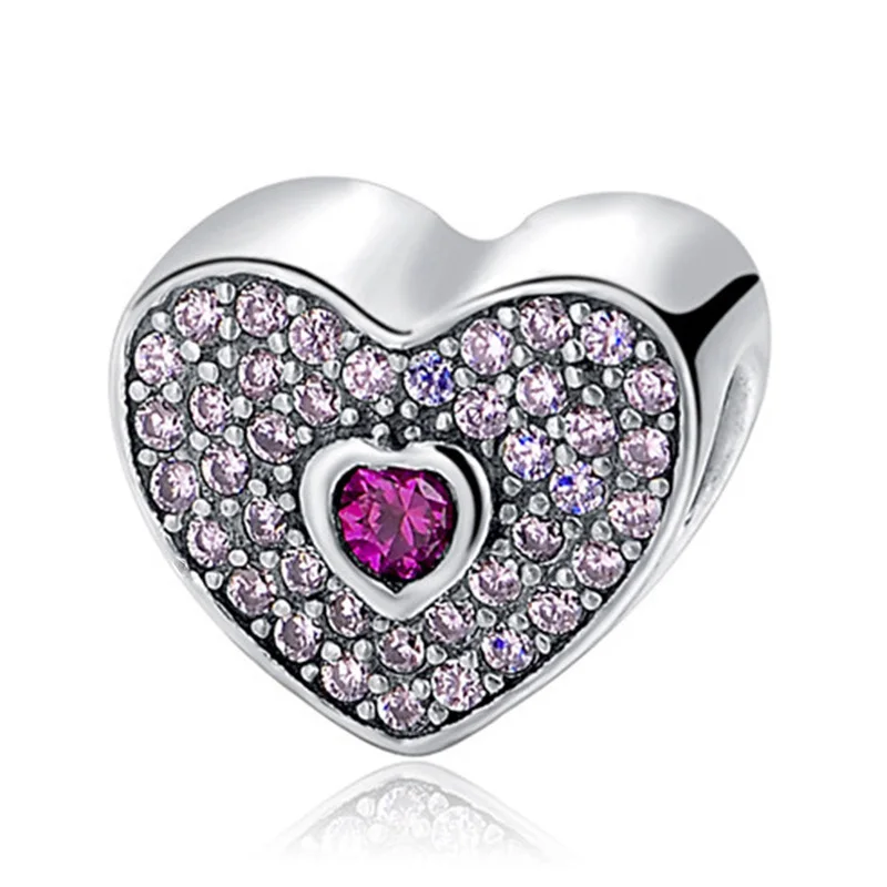 Fit DIY Charms Bracelets Authentic 925 Sterling Silver Love Hearts Shape Beads With Colours& Clear CZ Jewelry Making Gifts