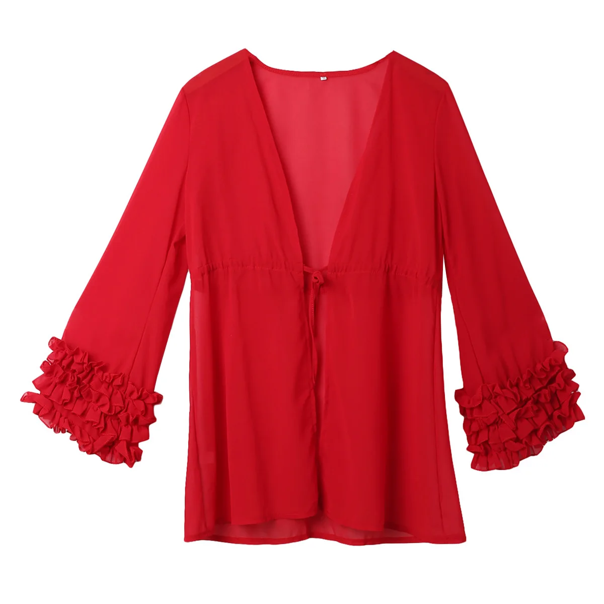 Новинка модная Женская Летняя Пляжная накидка топы с длинным рукавом рюшами и V