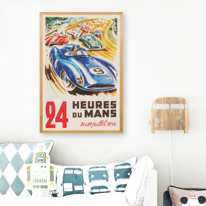 Le Mans, 24 часа в гонке, винтажный постер для автомобильных гонок, 1956, спортивная гоночная машина, Франция, настенная живопись на холсте, декор для комнаты для мальчиков