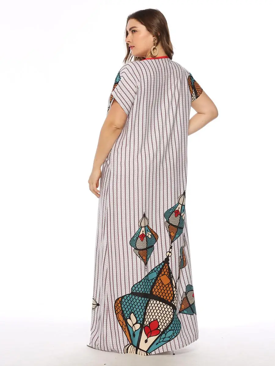 Женское длинное платье с принтом Boho Повседневное в полоску коротким рукавом