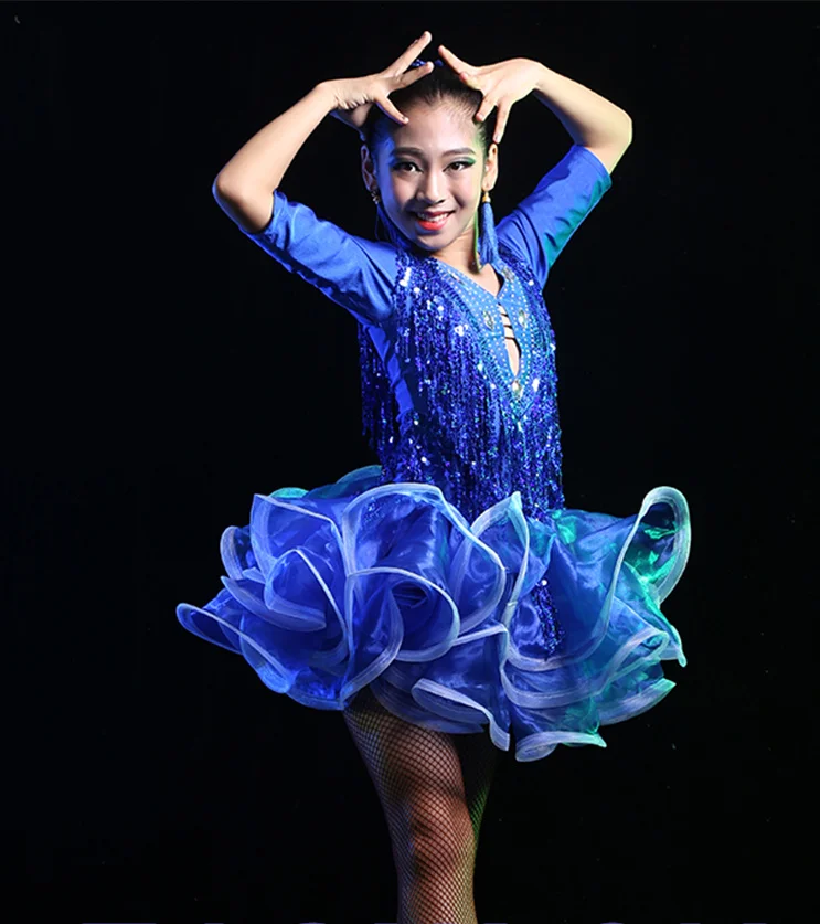 

New Sale Junior Child Kids Girls Latin Dance Costumes Sequin Fringe Latin Dance Dress Bachata Latin Salsa Dresses