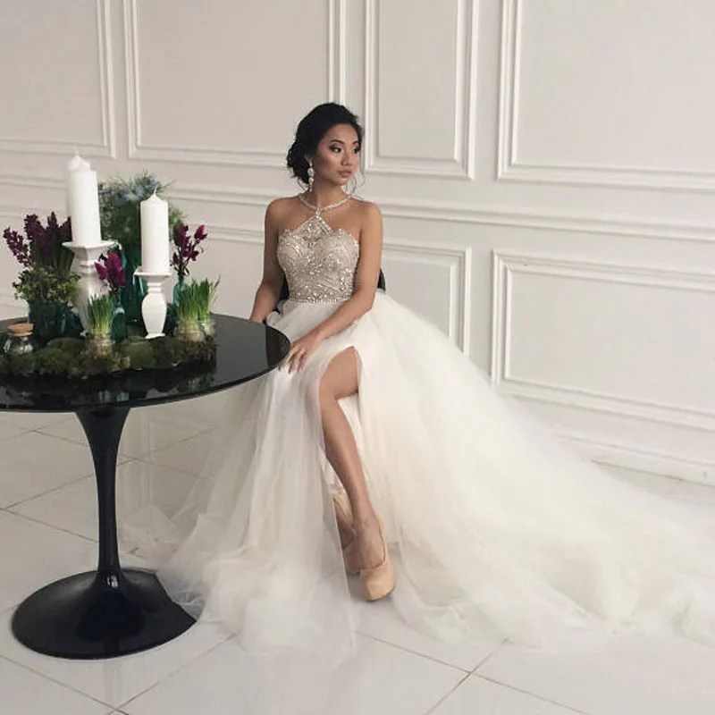 Принцесса модные свадебные платья свадебное платье кристаллы Casamento Robe De Mariee Свадебные платья из фатина индивидуальный сексуальный разрез